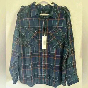 NWT Lily & Lottie Women’s Beau Plaid Flannel Navy, Teal & Mustard Size Medium